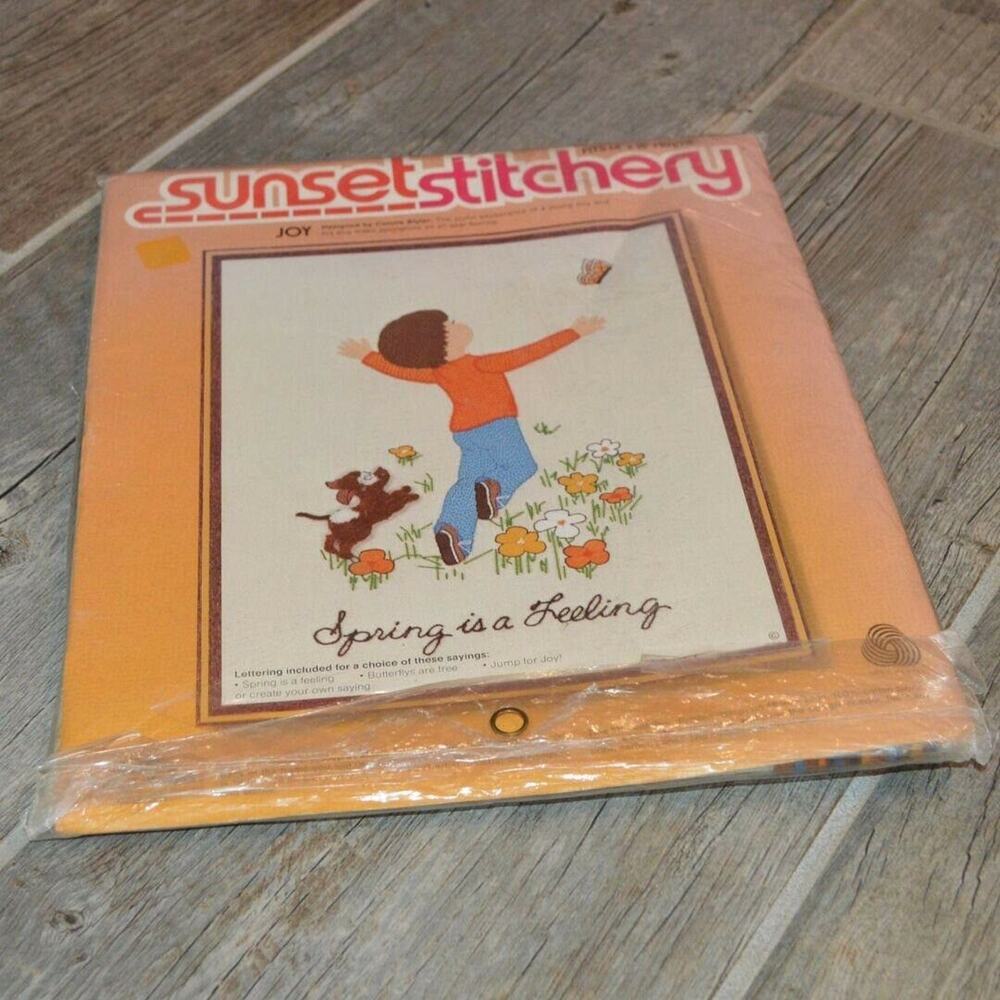 Sunset Stitchery Needlepoint set vintage joy spring is a feeling